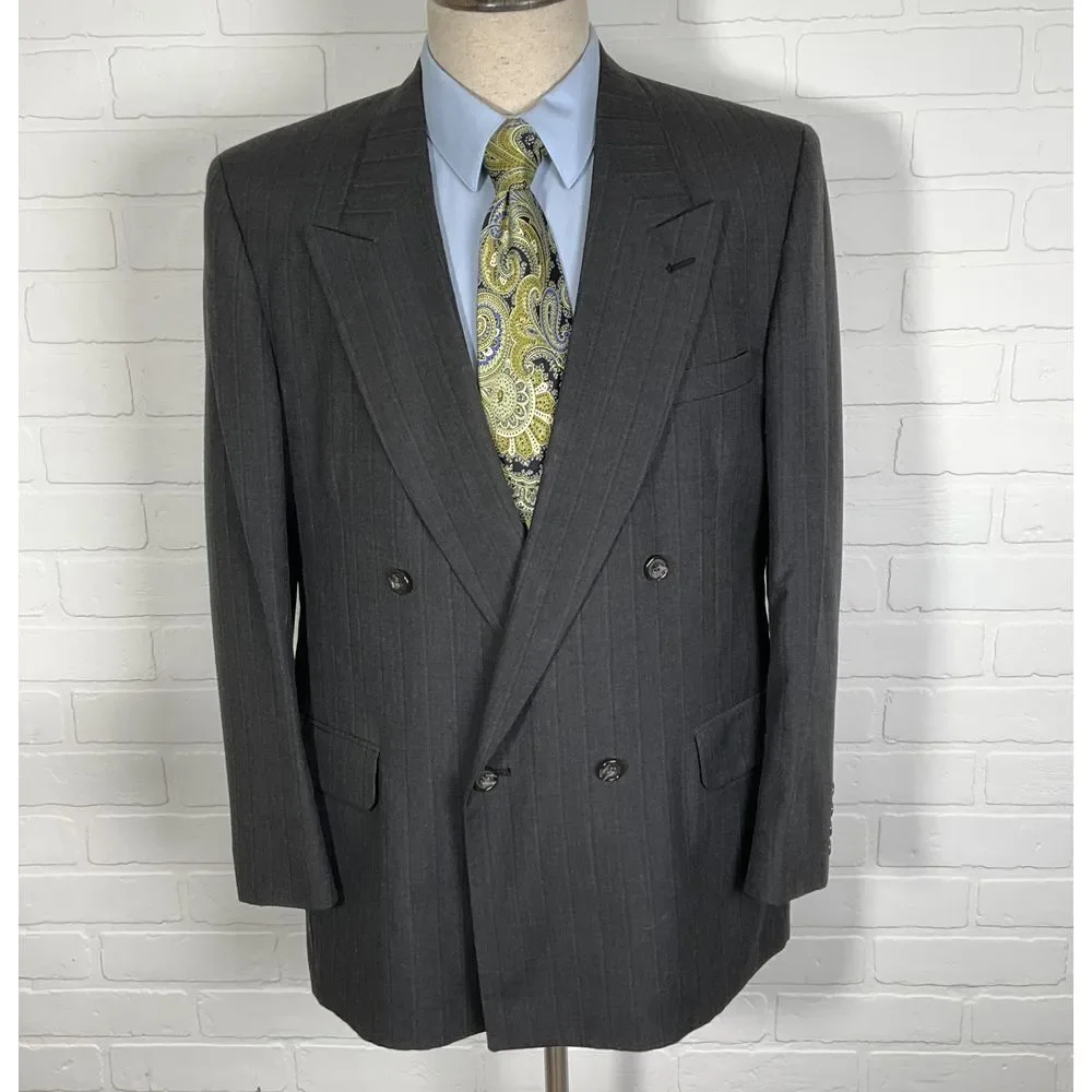 Evan-Picone‎ Blazer Men 42R Gray Pinstripe Double Breasted Peak Classic Jacket